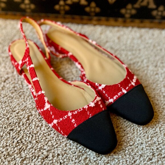 Anthropologie Shoes - Anthropologie Red Tweed Slingback Flats, Black Cap Toe - Chanel Style